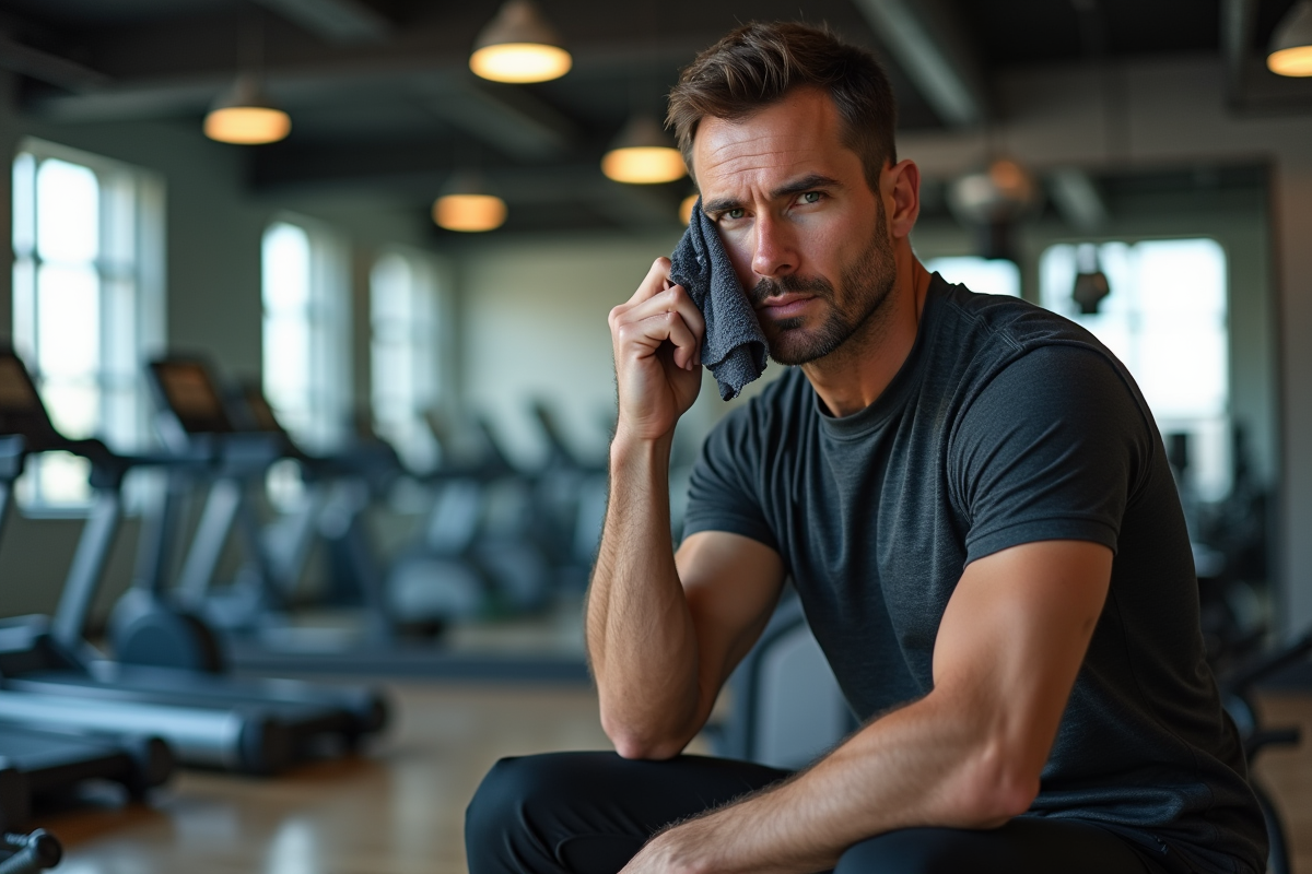 Homme en tenue de sport essuyant son front en salle de sport