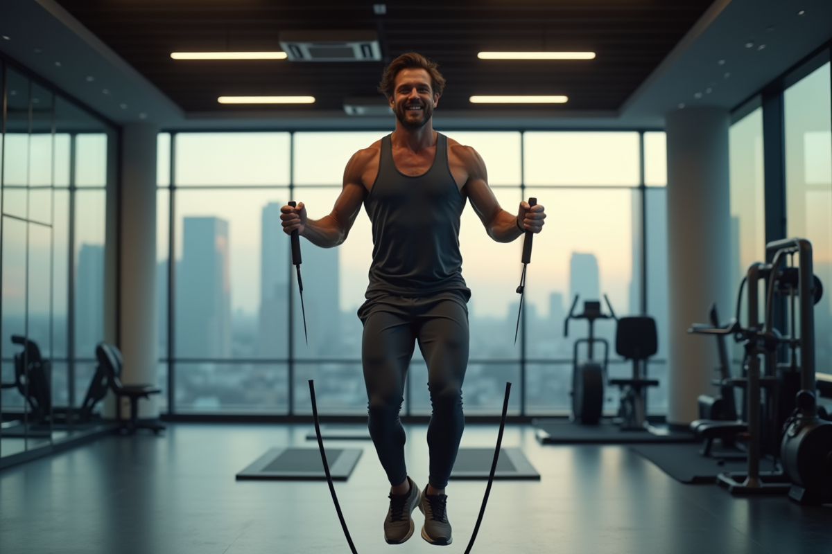 Homme sportif sautant à la corde dans une salle de sport moderne