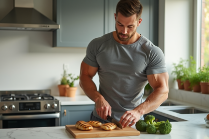 Jeune homme musclé préparant un repas sain dans une cuisine moderne