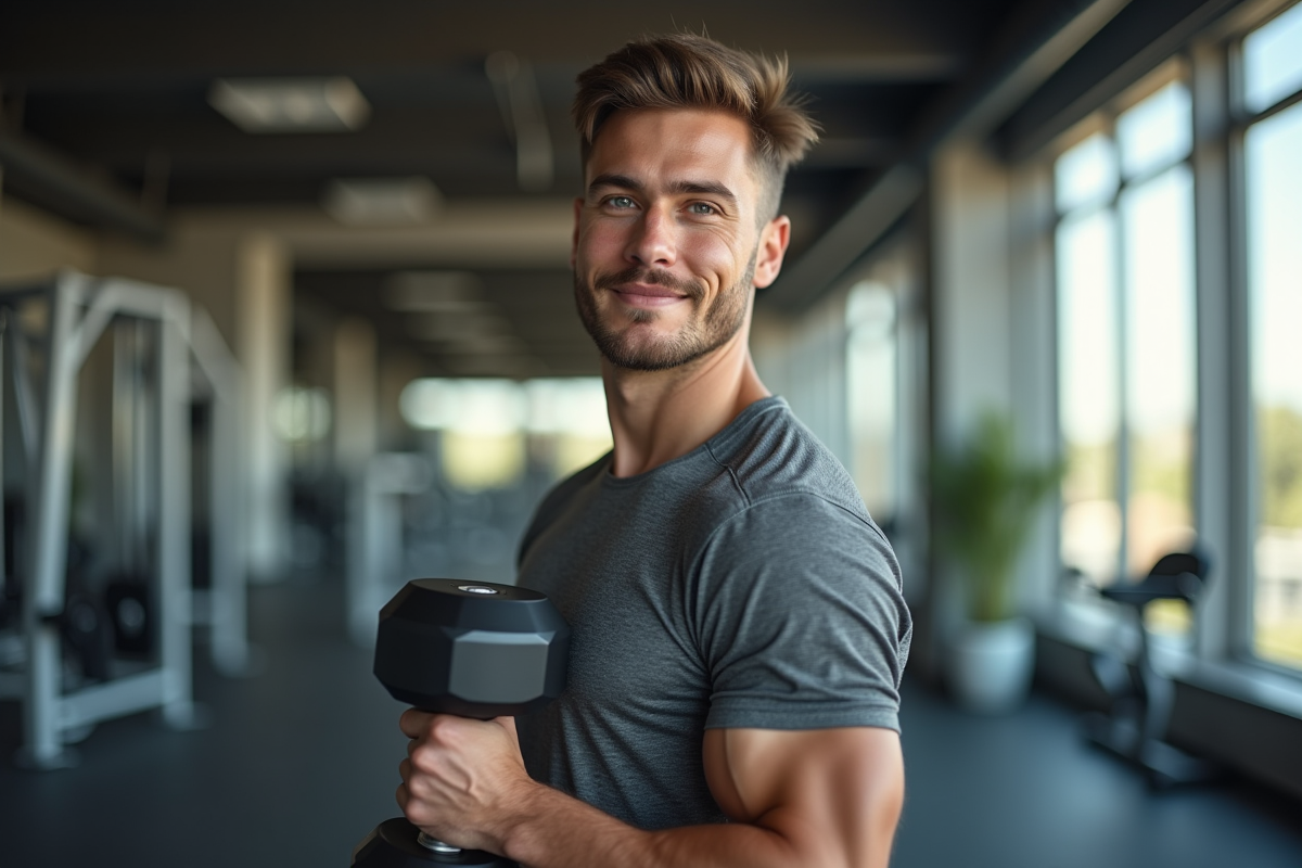 Jeune homme musclé en salle de sport moderne