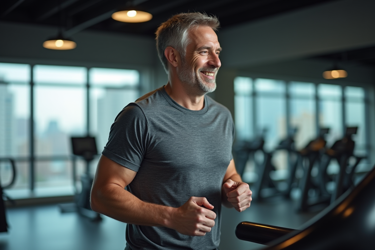 Homme faisant du tapis de course en salle de sport