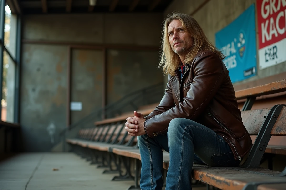 Homme d age en veste en cuir vintage dans les coulisses