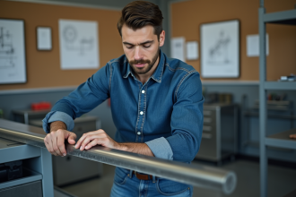 Jeune ingenieur en bleu examine une barre d acier