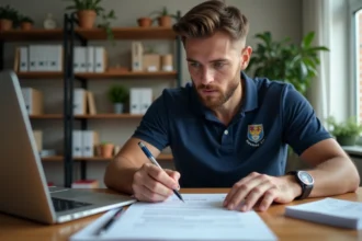 Homme adulte remplissant un formulaire d'inscription aux championnats de football du District de l'Hérault sur un bureau en bois avec un ordinateur portable ouvert