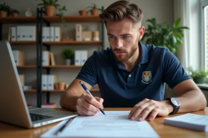 Homme adulte remplissant un formulaire d'inscription aux championnats de football du District de l'Hérault sur un bureau en bois avec un ordinateur portable ouvert