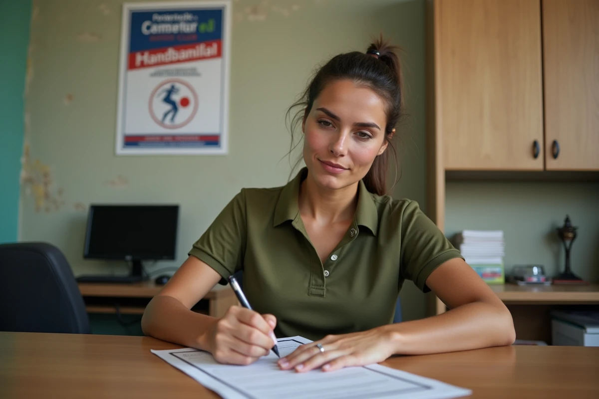 Femme française remplissant un formulaire de licence de handball dans un bureau de club sportif au Portugal