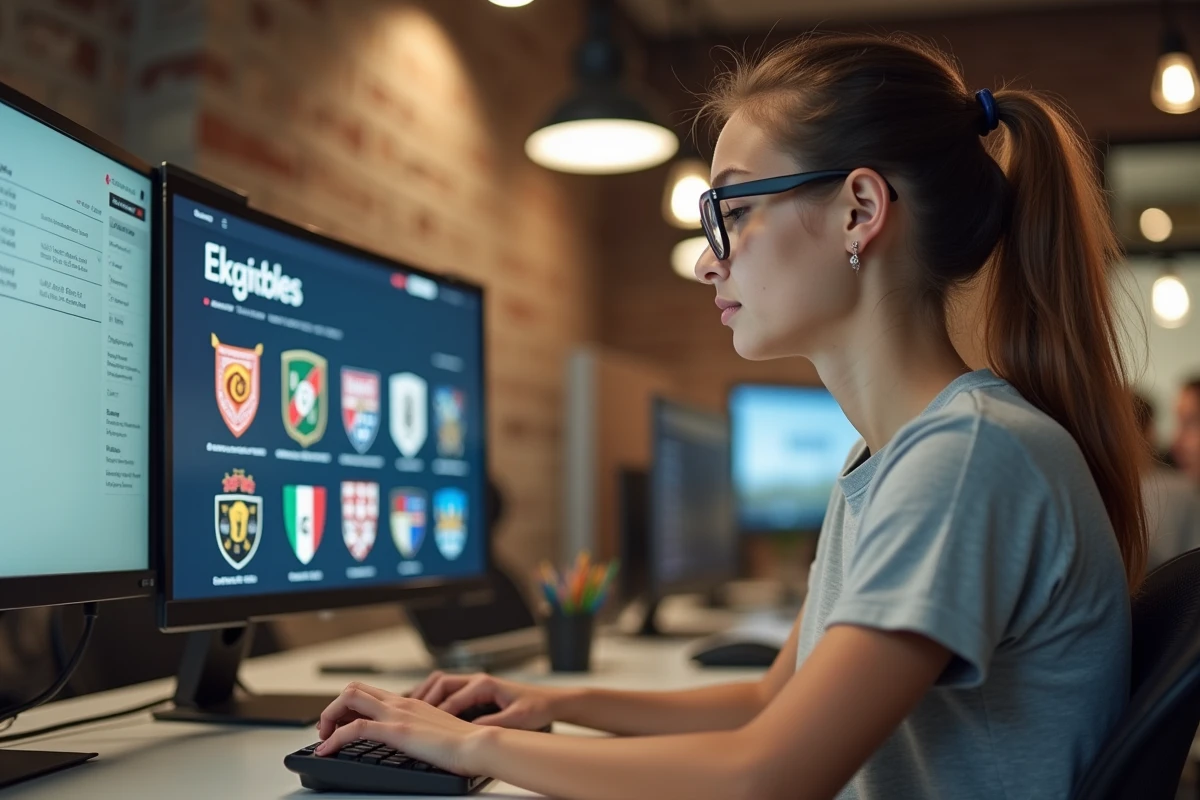 Une jeune femme intégrant des logos de clubs de foot sur un blog sportif dans un espace de coworking