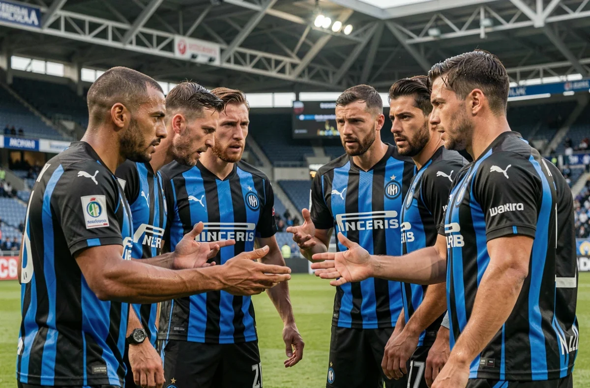 Joueurs de l'Inter Milan en cercle pour une discussion tactique avant un match de Ligue des Champions en Europe