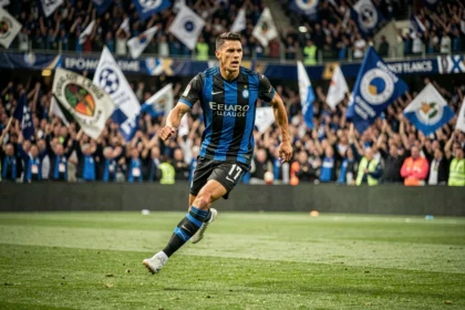 Joueur de l'Inter Milan en plein sprint sur la pelouse lors d'un match de Ligue des Champions, stade comble en arriere-plan