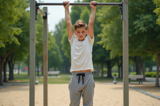 Adolescent faisant un pull-up dans un parc verdoyant