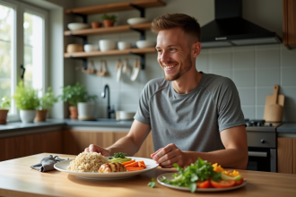 Jeune athlète souriant prépare un repas équilibré à la maison