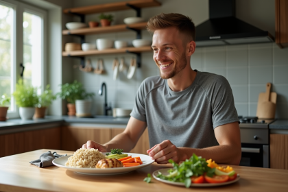 Jeune athlète souriant prépare un repas équilibré à la maison