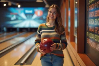 Jeune femme souriante avec boule de bowling dans un bowling moderne