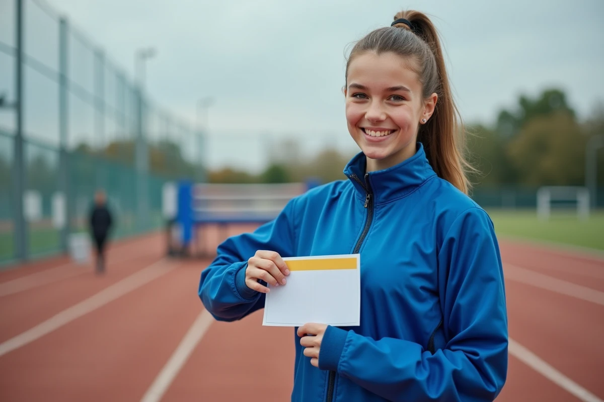 Jeune boxeuse souriante avec carte de pesée en extérieur