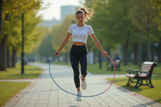 Jeune femme sautant à la corde en extérieur dynamique