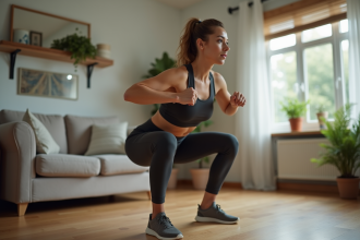 Jeune femme faisant des squats dans un salon cosy