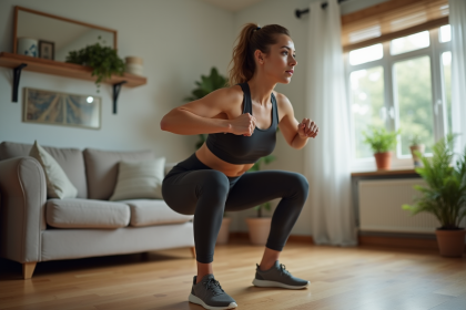 Jeune femme faisant des squats dans un salon cosy