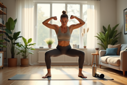 Jeune femme faisant des squats dans un salon lumineux