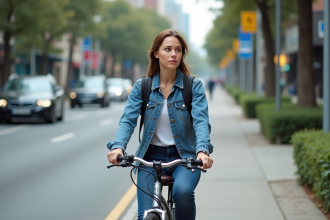 Jeune femme à vélo en ville avec smartphone