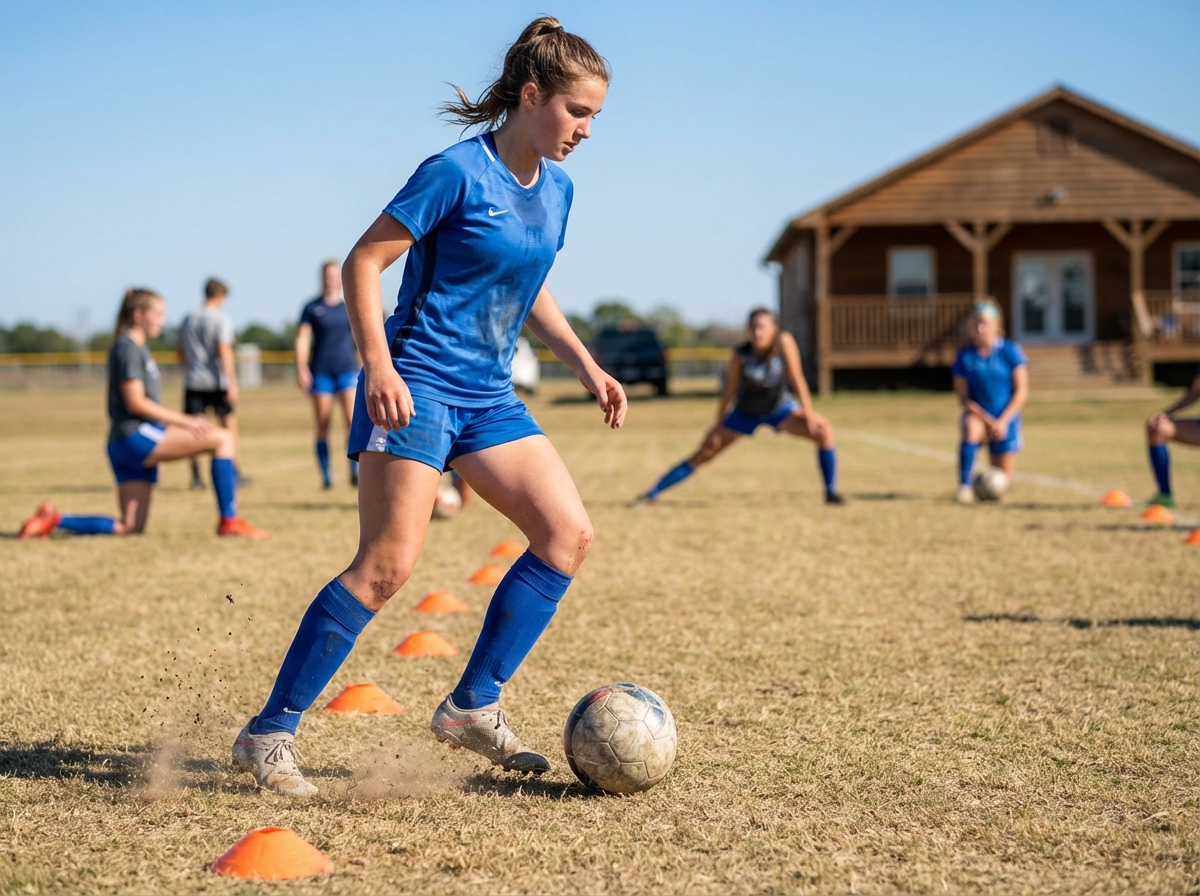 Jeune fille en tenue de sport avec ballon sur terrain d