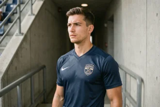 Jeune footballeur professionnel dans le tunnel d'un stade moderne, portrait éditorial illustrant le parcours d'un athlète d'origine diverse