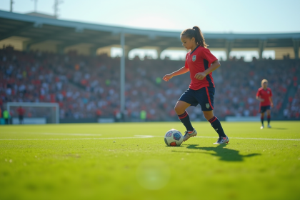 Jeune footballeuse en action sur le terrain avec stade en arrière-plan