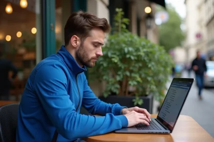 Jeune homme français au café regardant classement football