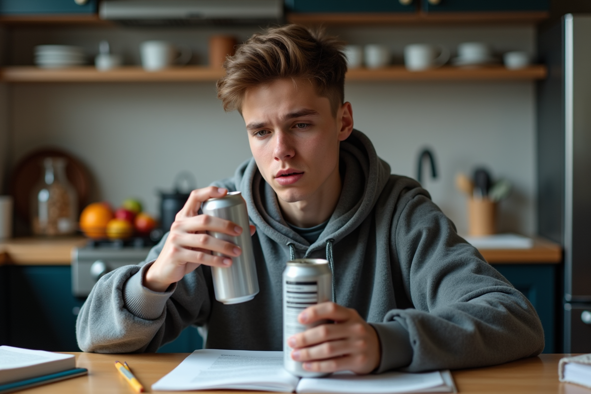 Jeune homme lisant une étiquette d'énergie drink