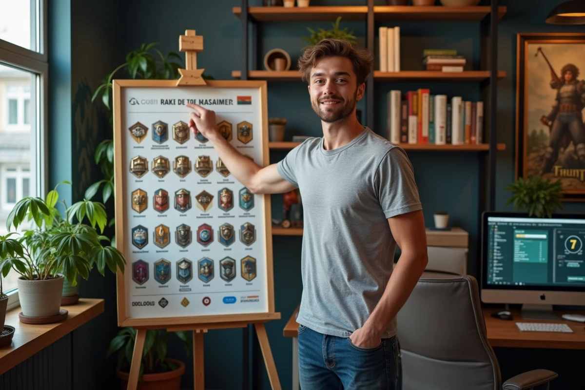 Jeune homme pointant un badge de rang dans un bureau gaming
