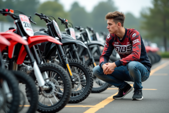 Jeune homme compare trois motos motocross 150cc en extérieur