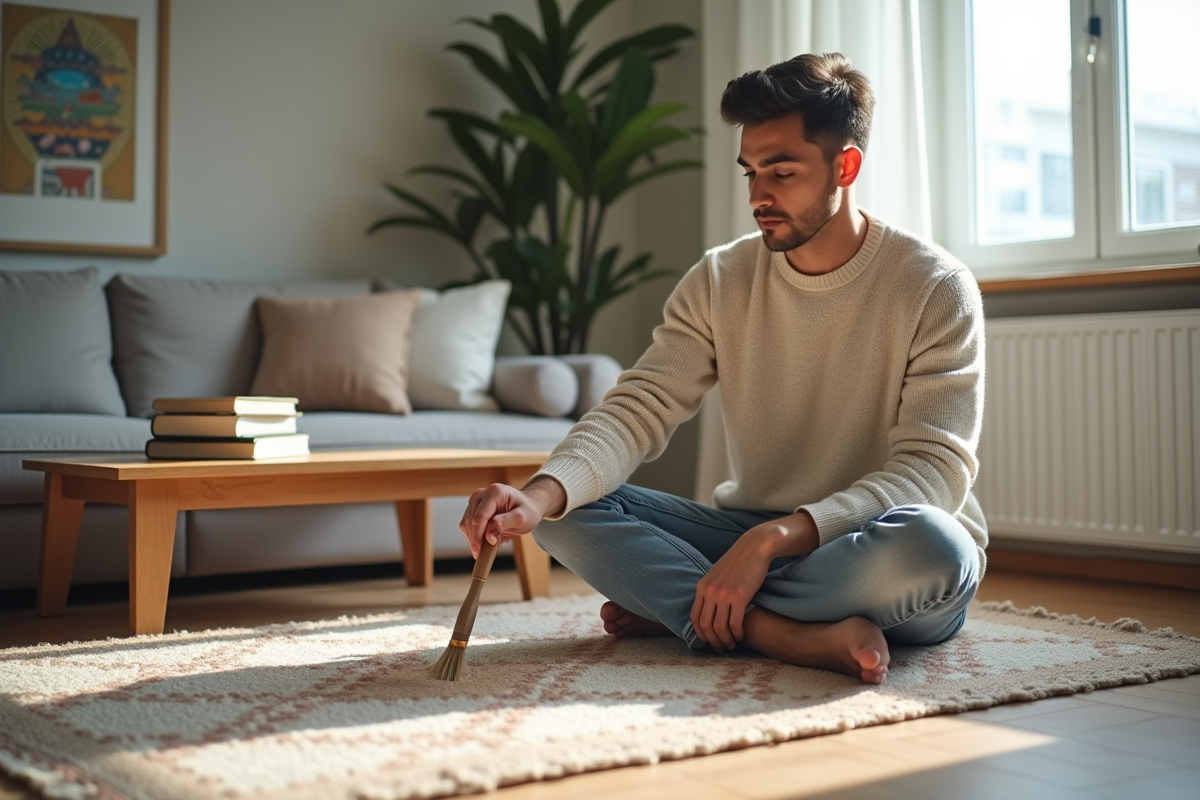 Jeune homme nettoyant un tapis en coton dans un appartement