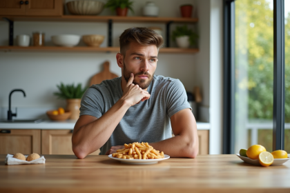 Jeune homme en cuisine repoussant la nourriture rapide
