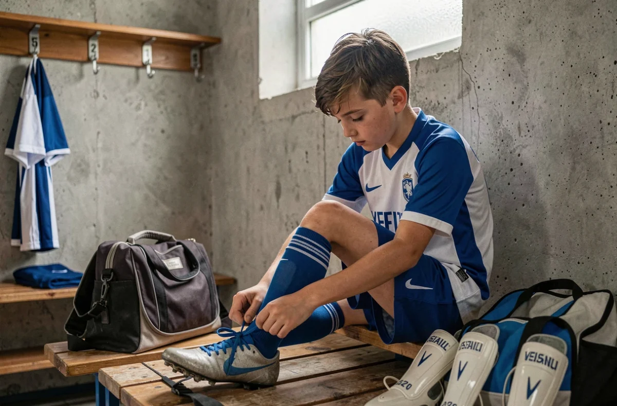 Jeune joueur de football se préparant dans les vestiaires d'un club affilié au District 31 Football