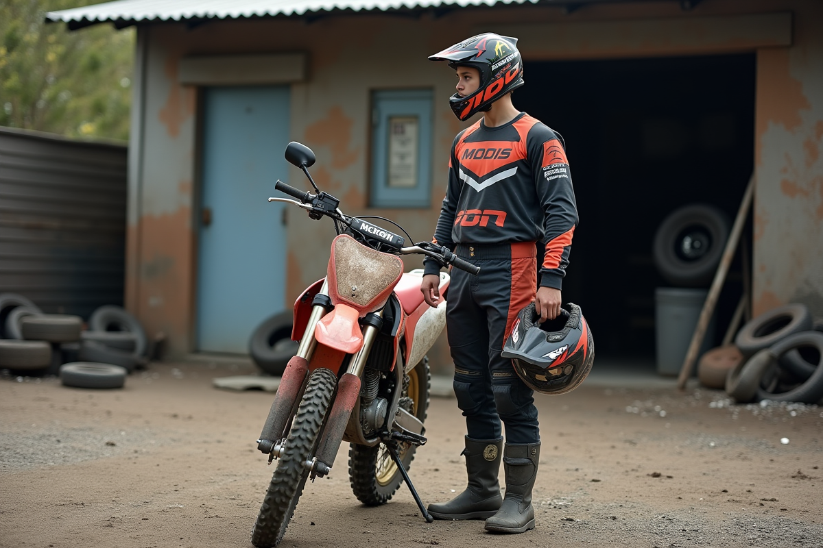 Jeune homme en équipement motocross examine une moto 125 cc