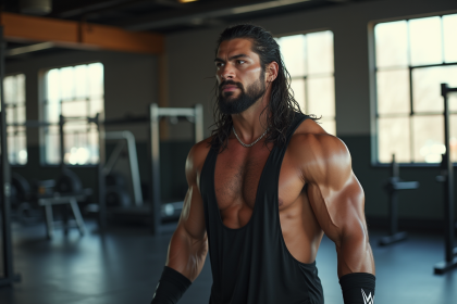 Jeune lutteur Roman Reigns en entraînement dans une salle de sport
