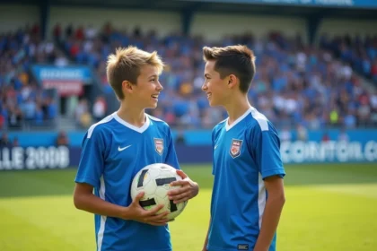 Deux adolescents en maillots de football discutent sur le terrain