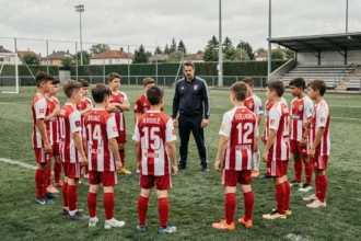 Jeunes footballeurs du District 31 écoutant leur entraîneur sur un terrain de sport en Haute-Garonne