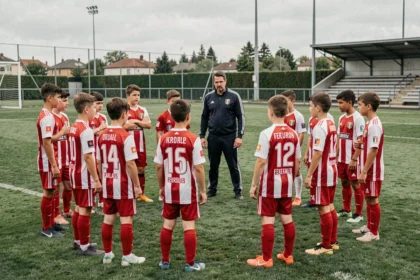 Jeunes footballeurs du District 31 écoutant leur entraîneur sur un terrain de sport en Haute-Garonne