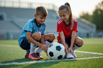 Jeune garçon et fille en tenue de football en train de lacer leurs crampons sur le terrain