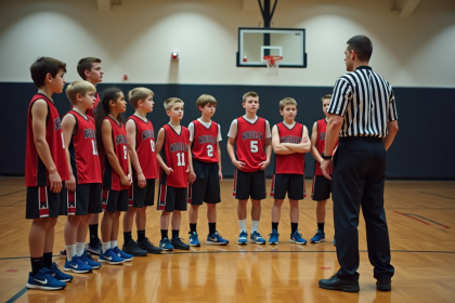 Jeunes sportifs en gymnase écoutant un arbitre de basketball