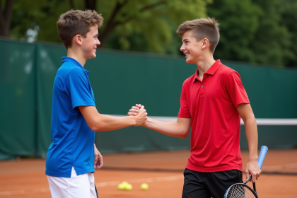 Deux adolescents se serrent la main sur un court de tennis extérieur