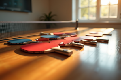 Variété de raquettes de pingpong sur une table en bois lumineux