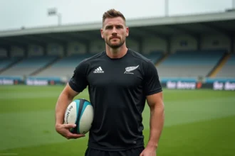 Joueur des All Blacks en tenue noire tenant un ballon de rugby sur un terrain du Top 14 en France