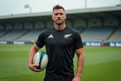Joueur des All Blacks en tenue noire tenant un ballon de rugby sur un terrain du Top 14 en France