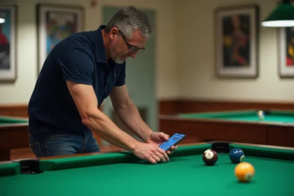 Homme d'âge moyen jouant au billard avec smartphone dans un hall moderne