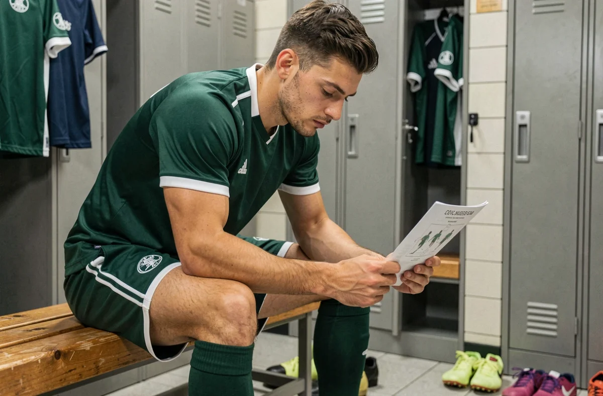 Joueur du FCN étudiant une feuille tactique avant le match dans le vestiaire