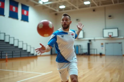 Joueur français en action lors d'un match de handball dans un gymnase au Portugal, jersey blanc et bleu, tir vers le but