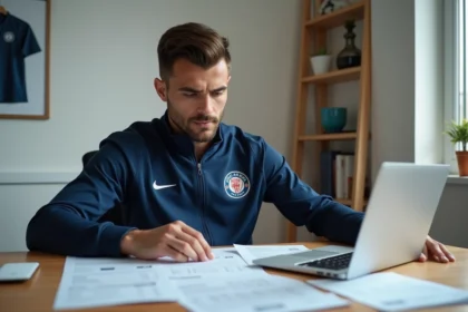 Joueur de football professionnel en National 2 analysant sa fiche de paie et ses charges à son bureau