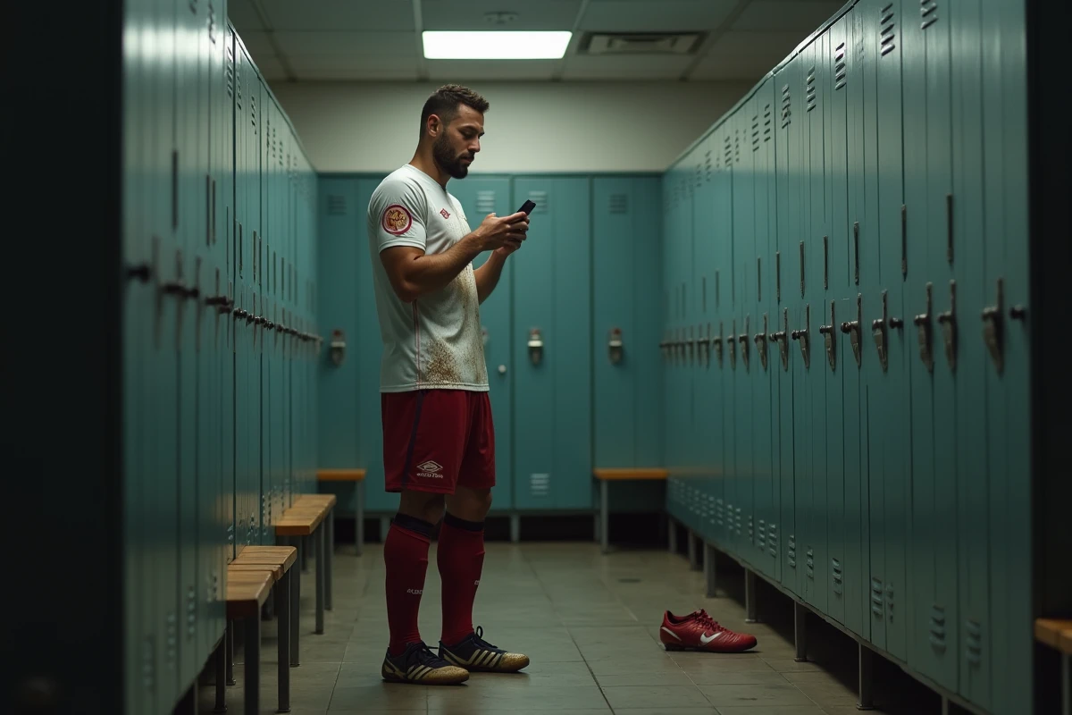 Joueur de football de National 2 dans les vestiaires consultant son salaire net sur son téléphone après un entraînement