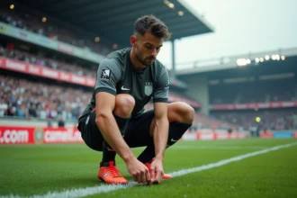 Joueur d'un club outsider de Ligue 1 se préparant avant un match dans un stade à budget modeste